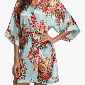 Floral Satin Kimono Short Robe